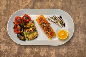 Postpartum nutrition: salmon and roasted vegetables healing plate